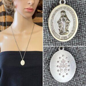 Miraculous Medal Necklace With Virgin Mary Oval Pendant On Silver Tone Chain 24"
